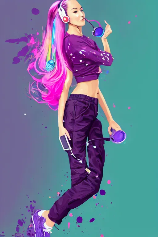 Image similar to a award winning half body portrait of a beautiful woman in a croptop and cargo pants with ombre purple pink teal hairstyle with head in motion and hair flying listenin to music on headphones by wlop, paint splatter, outrun, vaporware, shaded flat illustration, digital art, trending on artstation, highly detailed, fine detail, intricate