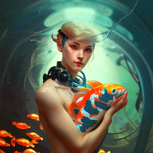 Prompt: Portrait of a cyborg girl surrounded by glowing Koi fish, face, fantasy, intricate, elegant, highly detailed, digital painting, artstation, concept art, smooth, sharp focus, illustration, art by Krenz Cushart and Artem Demura and alphonse mucha