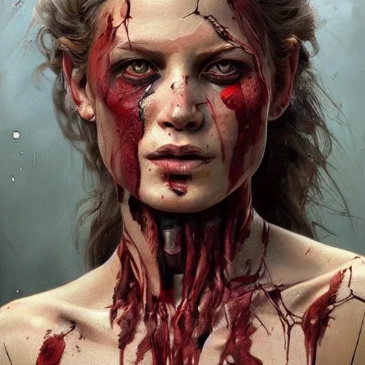 Image similar to portrait painting of a muscular bloodied tribal girl butcher, tattooed, ultra realistic, concept art, intricate details, eerie, highly detailed, photorealistic, octane render, 8 k, unreal engine. art by artgerm and greg rutkowski and alphonse mucha