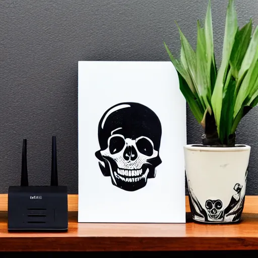 Prompt: black and white linocut print of a skull sitting on top of a wifi router on a table, next to a plant