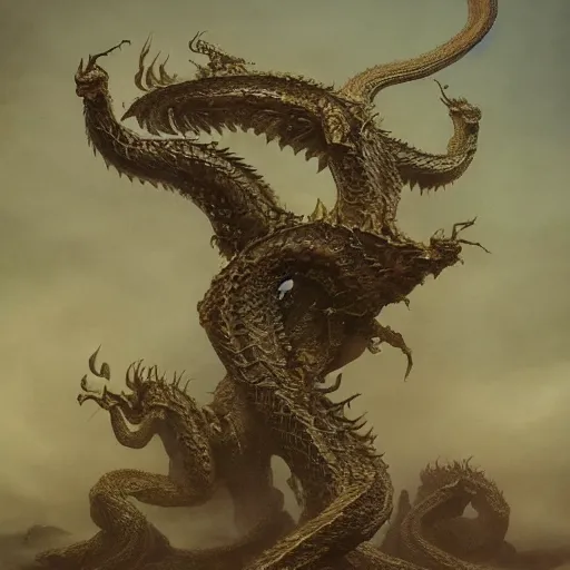 Prompt: concept art of a hydra, dragon with many heads, hyperrealistic, a painting by beksinski, by ruan jia, by austin osman spare, symbolist painting, mist, volumetric render, digital painting, detailed painting, occult, octane render