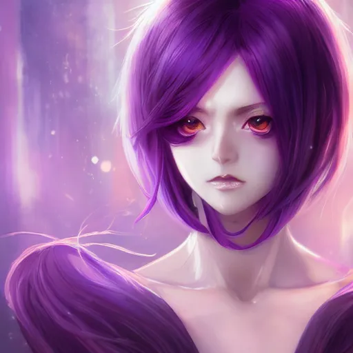 Image similar to beautiful anime women with purple hair, a straight horn on her forehead, purple eyes, a purple tuxedo, sharp focus, intricate, cell shaded, award winning photography, cinematic, digital painting, cinematic, wlop, 8 k, by ross tran, tom bagshaw