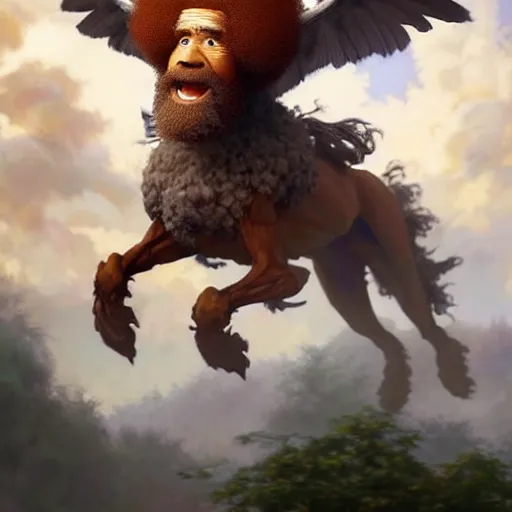 Prompt: bob ross!!! riding!!! a gryphon!!, giant afro!, model pose, ultra realistic, concept art, intricate details, highly detailed, photorealistic, octane render, 8 k, unreal engine. art by artgerm and greg rutkowski and alphonse mucha