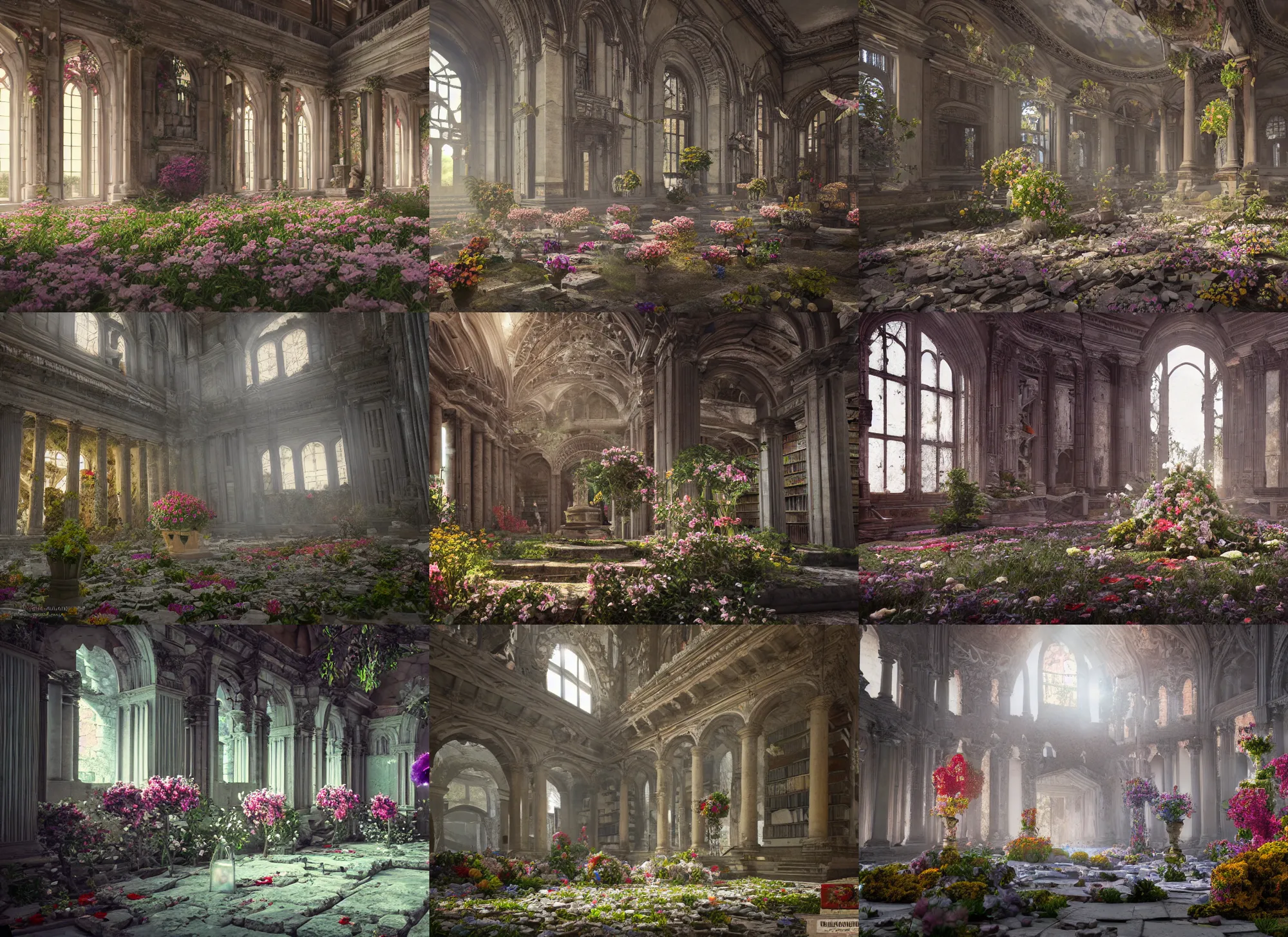 Prompt: monument of flowers in old library in crumbling ruins, intricate detail, volumetric lighting, epic composition, hyper detailed, ultra realistic, sharp focus, octane render, volumetric, ray tracing, artstation trending, cgsociety, sense of awe, 4 k