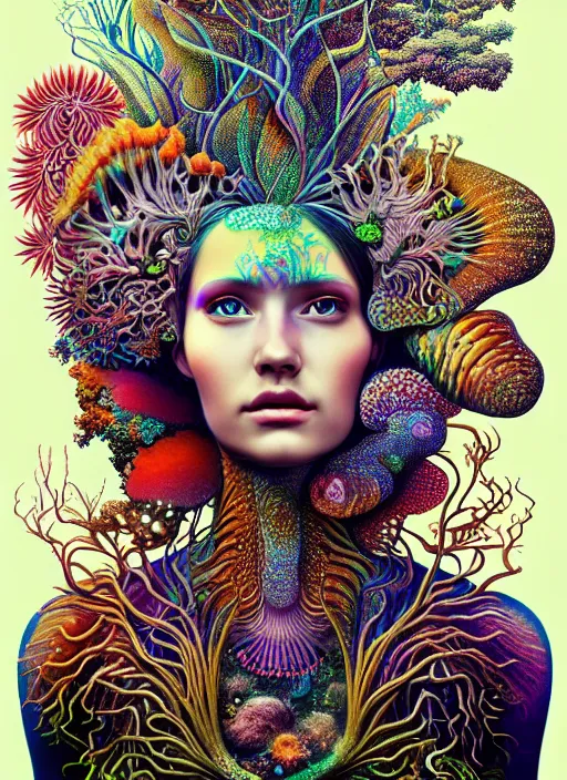 Prompt: ridiculously beautiful young woman tripping, psychedelics, forest creatures, in the style of ernst haeckel, effervescent, warm, hyperrealism, epic and cinematic,