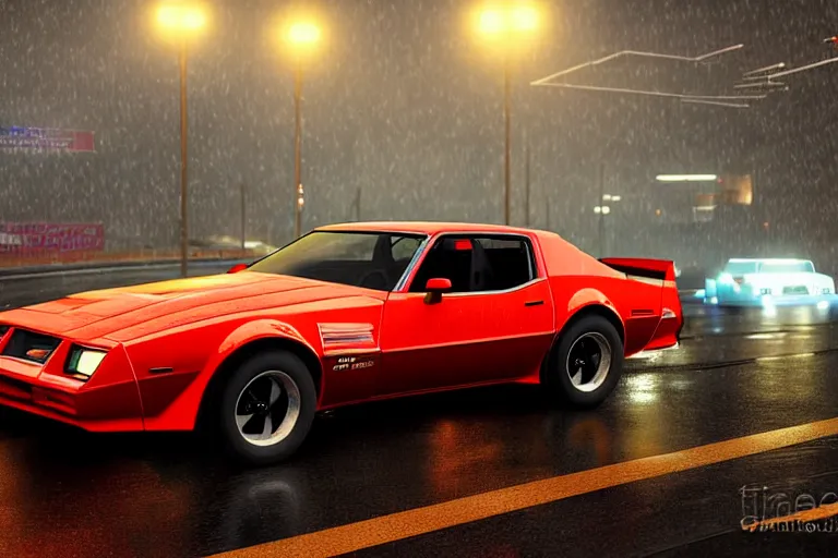 Image similar to hyperdetailed, photorealistic photograph of a 1 9 8 2 pontiac firebird trans - am drifting in the streets, rain, night, dense fog, hd, unreal engine 5 by greg rutowski, by stanley artgerm, by alphonse mucha