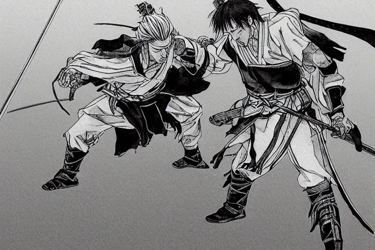 Prompt: epic and cinematographic samurai duel, black and white mange by takehiko inoue and Hiroshi Hirata