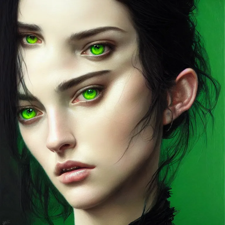 Image similar to portrait of sarah margaret qualley, black hair, green eyes, elegant, real life skin, intricate artwork, high detailed, artstation, concept art, smooth, sharp focus, art by artgerm and greg rutkowski @ ruprechy