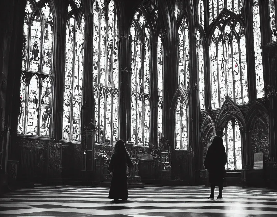 Image similar to a highly detailed unreal engine symmetric portrait of a gothic girl in a richly decorated church with a wet floor and light coming in through the stained windows, bokeh, tilted frame, henry cartier bresson