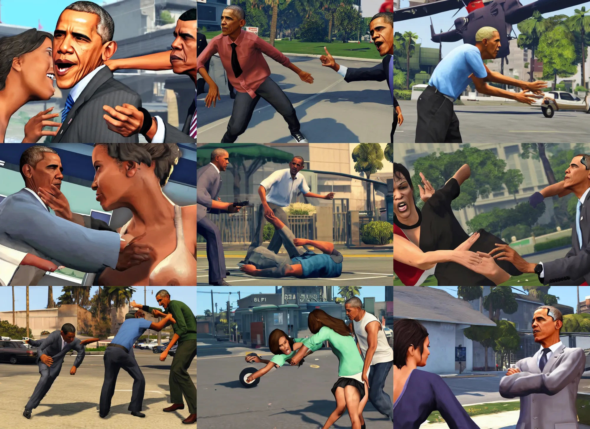 Prompt: Obama fight against a woman, game, screenshot , GTA5