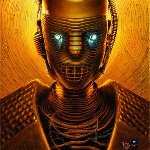 Prompt: cyberpunk cenobite, atmospheric lighting, painted, intricate, golden hour, ultra detailed by peter gric, giger, enki bilal