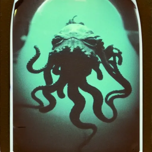 Image similar to Polaroid photo of a Cthulhu in a public pool at night