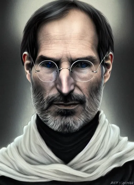 Image similar to portrait of steve jobs, white glowing eyes, silver shaggy hair, cloak, ethereal wings, male, fantasy, extremely detailed, digital painting, artstation, concept art, smooth, sharp focus, illustration, stunning lighting, art by artgerm and alphonse mucha and simon stalenhag, realistic character concept, high fantasy, light atmosphere, golden ratio, cinematic lighting