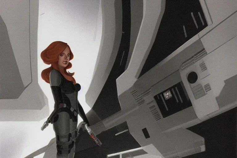 Prompt: mara jade infiltrating a black sun facility on nar shaddaa, painting by ralph mcquarrie