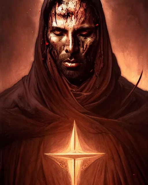 Image similar to realistic wide angle portrait of a handsome bishop, dark, dark magic, heroic pose, beautiful face, full body, dramatic lighting, dark and horror, dust and blood, intricate, wild, highly detailed, digital painting, artstation, concept art, smooth, sharp focus, illustration, art by artgerm and greg rutkowski and alphonse mucha, footage from space camera