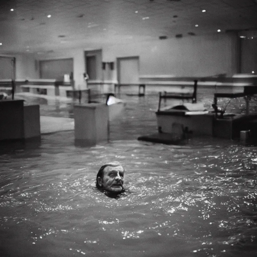 Prompt: 7 0 s movie still of an old man drowning in an empty soviet ballroom flooded in worms, cinestill 8 0 0 t 3 5 mm, heavy grain, high quality, high detail