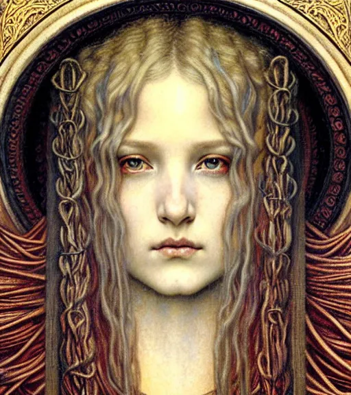 Image similar to detailed realistic beautiful young medieval queen face portrait by jean delville, gustave dore and marco mazzoni, art nouveau, symbolist, visionary, gothic, pre - raphaelite. horizontal symmetry