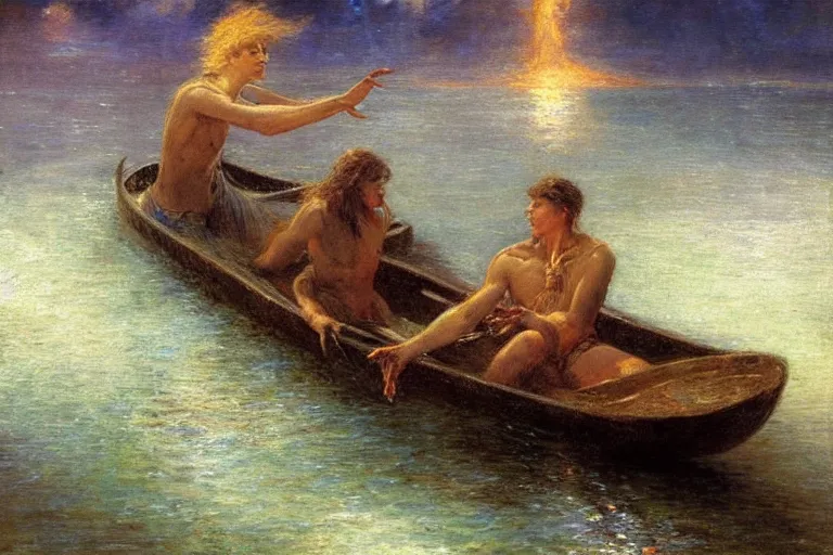 Image similar to illustration of a black river in the astral plane with black oozing arms reaching out of the water. a man on a boat paddles down the river. art by gaston bussiere.