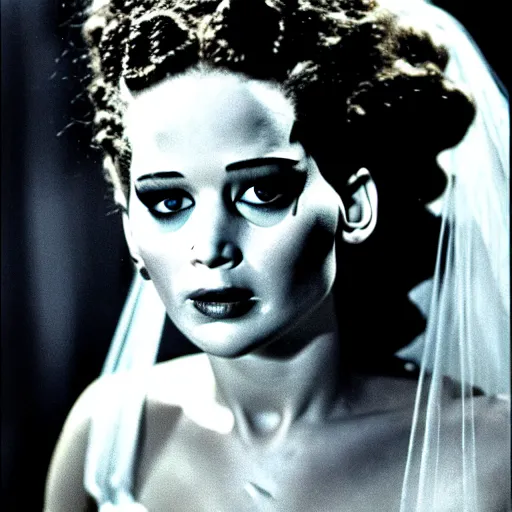 Image similar to jennifer lawrence, still from the movie bride of frankenstein