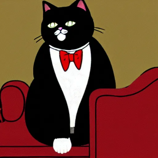 Image similar to photograph of a very fat and judgmental cat wearing a full tuxedo sitting in a dimly lit parlor lounge