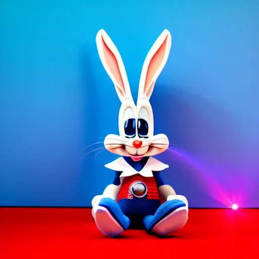 Image similar to photo of a bugs bunny toy sitting infront of a red wall with blue stripes ultra realistic, lens flare, atmosphere, glow, detailed, intricate, full of colour, cinematic lighting, trending on artstation, 4 k, hyperrealistic, focused, extreme details, unreal engine 5, cinematic, masterpiece, ultra realistic, hyper realistic, highly detailed, sharp focus, digital art