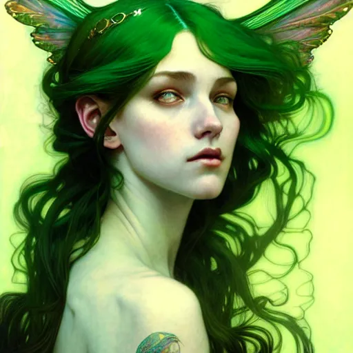 Image similar to Portrait of a girl with green hair and glowing halo and highly detailed intricate wings, art nouveau, fantasy, intricate, elegant, highly detailed, digital painting, artstation, concept art, smooth, sharp focus, illustration, art by Krenz Cushart and Artem Demura and alphonse mucha