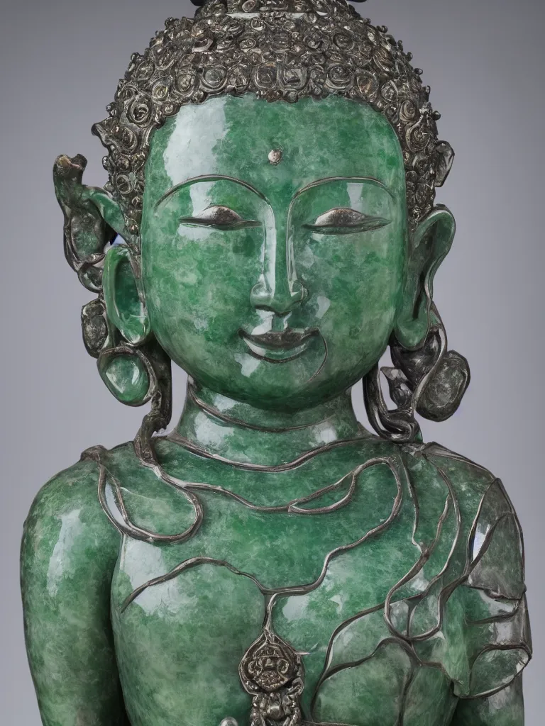 Image similar to beautiful detailed jade sculpture of meditating buda with with metal lotus flower on his head, in a gallery setting, influenced by ruan jia and greg rutkowsk. professional studio photo, full object in middle, well centered, 1 5 0 mm lens, high definition
