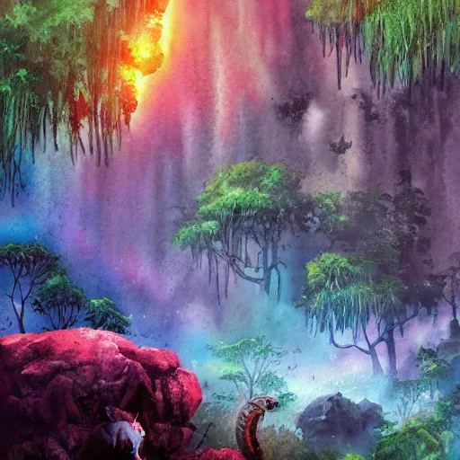 Prompt: beautiful lush natural scene on another planet, with creatures. lightfall. beautiful detailed watercolor. trending on artstation and deviantart.