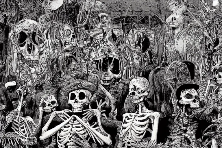Image similar to scene from zoo, day of all the dead, skeletons, artwork by jean giraud