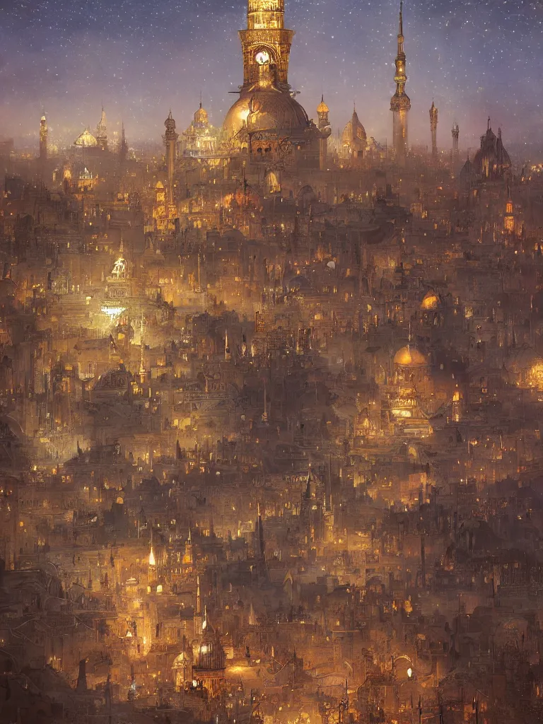 Image similar to a dome - covered city resembling ancient baghdad at night with the sky full of stars, intricate, elegant, highly detailed, digital painting, artstation, concept art, smooth, sharp focus, colored illustration for tattoo, art by krenz cushart and artem demura and alphonse mucha,