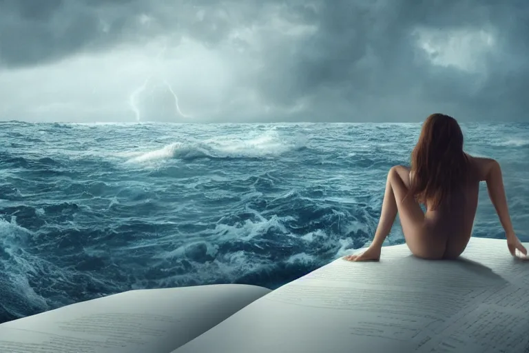 Image similar to A beautiful woman sitting on a giant open book in the middle of the ocean during a storm, dramatic lighting, cinematic, 8k HDR, highly detailed, high quality, octane render, unreal engine 5, path tracing, turbulent sea, concept art, trending on Artstation, dramatic scene