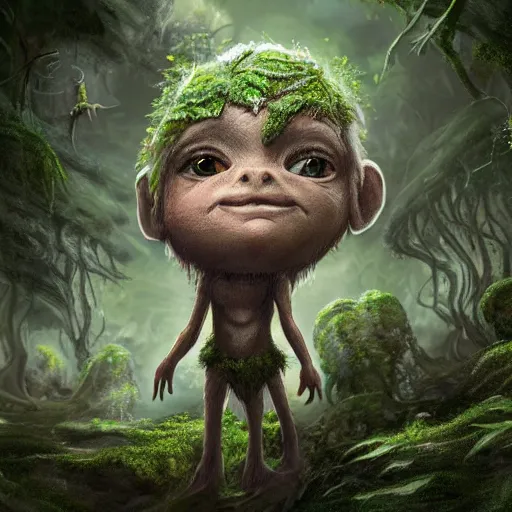 Image similar to a highly detailed portrait of a tiny humanoid creature standing in a fantasy forest concept art