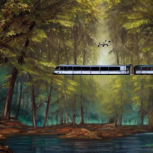 Prompt: a [ 5 0 s bus with wings ] flies above a forest and lake, [ oil painting ]!!, trending on cgsociety, 4 k