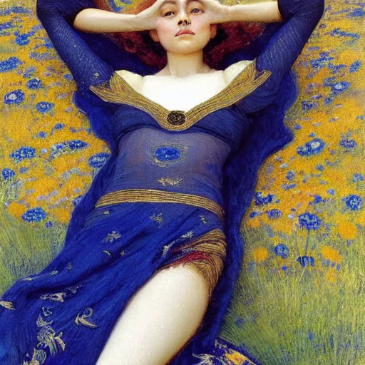 Prompt: masterpiece full body portrait of a beautiful woman with a perfect body lying on an ornate gold and blue carpet in a meadow, by Edgar Maxence and Ross Tran and Michael Whelan and Gustav Klimpt