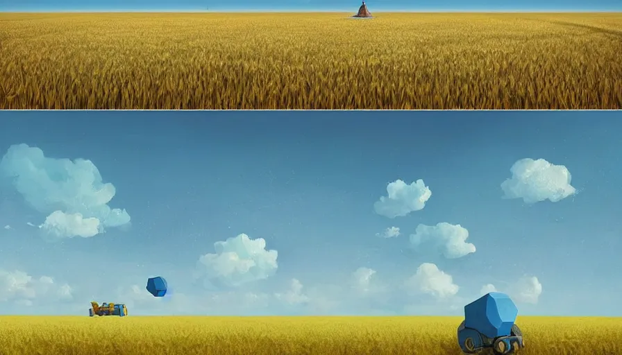 Image similar to floating hexagon in the sky, wheat field harvesting, big tree, person, matte painting, art station, blue sky, simon stalenhag