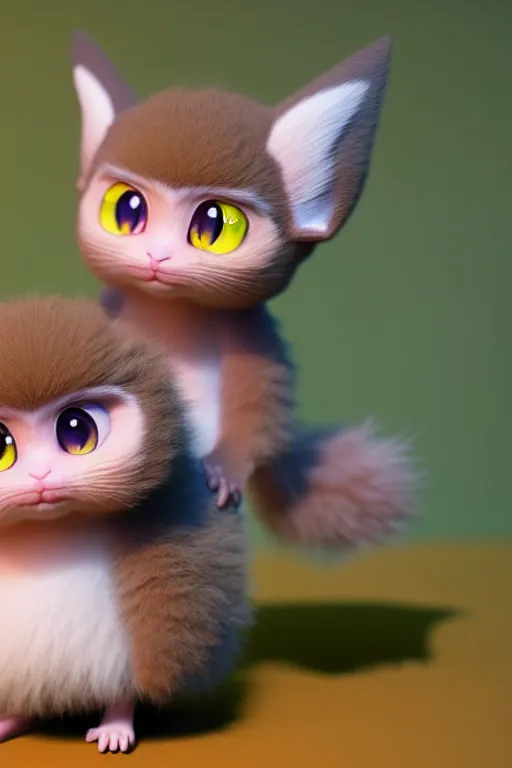 Prompt: high quality 3 d render hyperrealist very cute multipastel fluffy! one - eye cat tarsier hybrid with detailed fluffy wings!!, vray smooth, in the style of detective pikachu, hannah yata charlie immer, dramatic blue light, low angle, uhd 8 k, sharp focus
