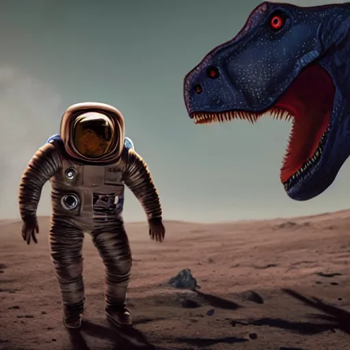 Image similar to A hyper real comic book style portait painting of an atronaut rides a dinosaur on the moon, unreal 5, hyperrealistic, octane render, cosplay, RPG portrait, dynamic lighting