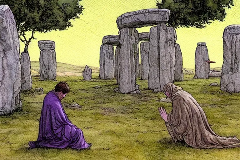 Prompt: a realistic and atmospheric watercolour fantasy concept art of a ufo landing in a tiny stonehenge. one dirty medieval monk in grey robes is on his knees praying to the ufo. muted colors. by rebecca guay, michael kaluta, charles vess and jean moebius giraud