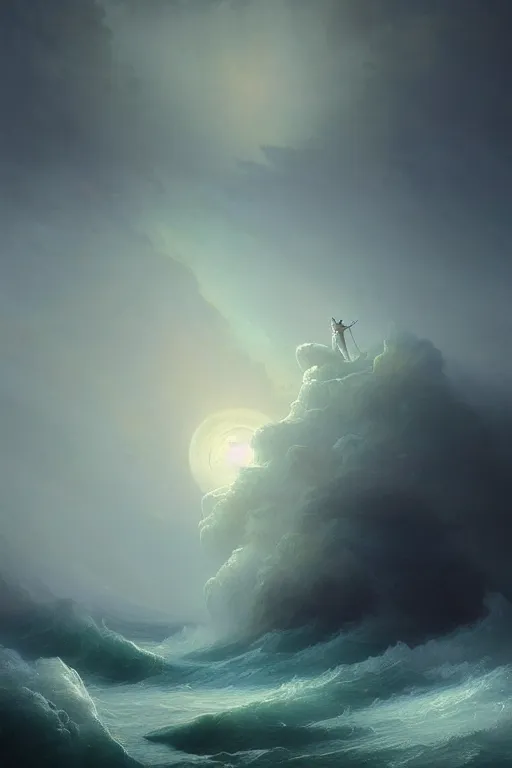 Prompt: A stunning detailed deity emerging from a stormy ocean by Ivan Aivazovsky, Peter Mohrbacher , Greg Rutkowski, digital painting, beautiful lighting, full moon, detailed swirling water tornado, artstation