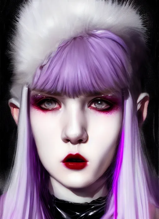 Image similar to portrait of white teenage girl, normal face, white bangs, mall goth, cyberlox, black and white hair, bangs, fluffy bangs, red contact lenses, purple lipstick, intricate, elegant, highly detailed, digital painting, artstation, concept art, sharp focus, smooth, illustration, art by wlop, mars ravelo and greg rutkowski