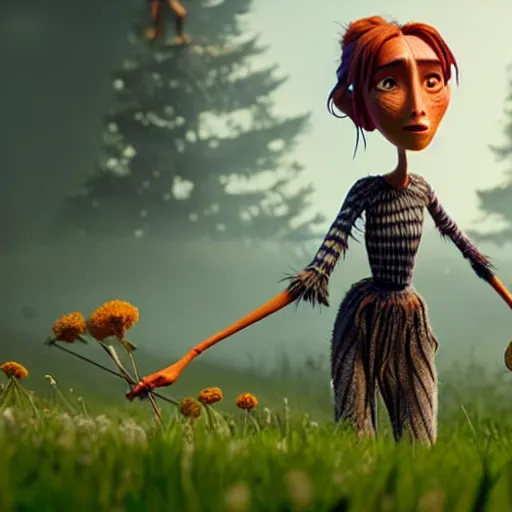 Image similar to a stopmotion animation character, a beautiful canadian woman, pulling weeds out frantically, some grey hair, stripey pants, octane render, 8 k, kubo and the two strings, jan svankmayer