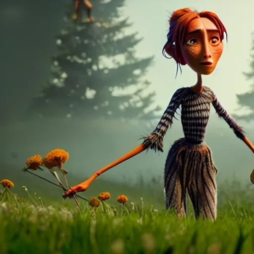 Prompt: a stopmotion animation character, a beautiful canadian woman, pulling weeds out frantically, some grey hair, stripey pants, octane render, 8 k, kubo and the two strings, jan svankmayer