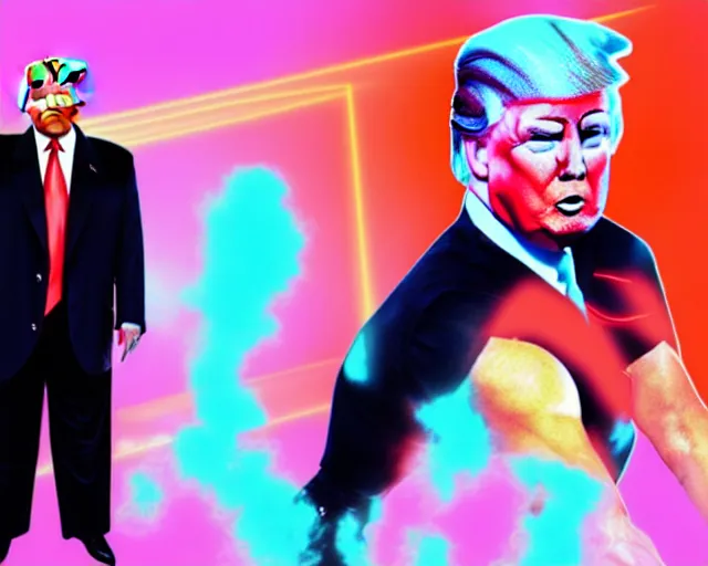 Prompt: Donald Trump in 80s workout gear, laser background, vaporwave aesthetic