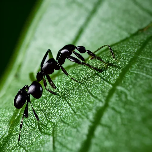 Image similar to cybernetic ant on a green leaf, macro photography, 8 k, cinematic lighting, shallow depth of field,