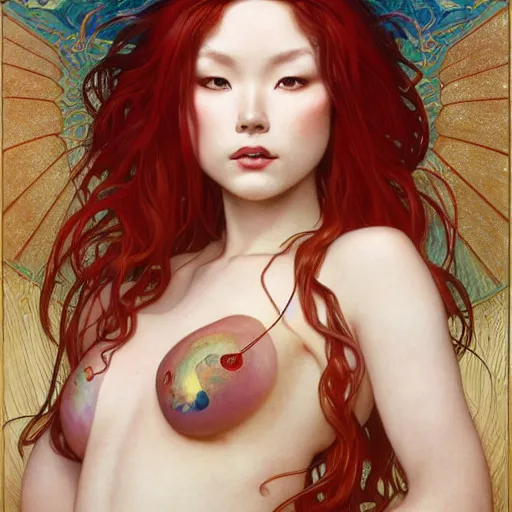 Image similar to portrait of Asuka Soryu with red long wavy hair drawn by Donato Giancola and Tom Bagshaw and Julie Bell, face by Artgerm, overall design by Alphonse Mucha, background by James Jean and Gustav Klimt, 4k, porcelain skin, komorebi, french nouveau, trending on artstation, octane render, hyperrealistic