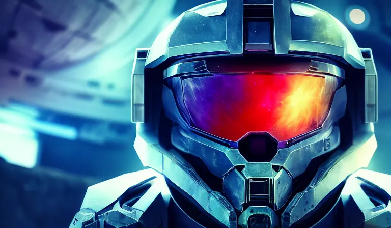 Image similar to cyberpunk halo helmet on space, planet behind, close shot, reflection, epic, dramatic, cinematic, award winning, ultra detailed, realistic, 8k,