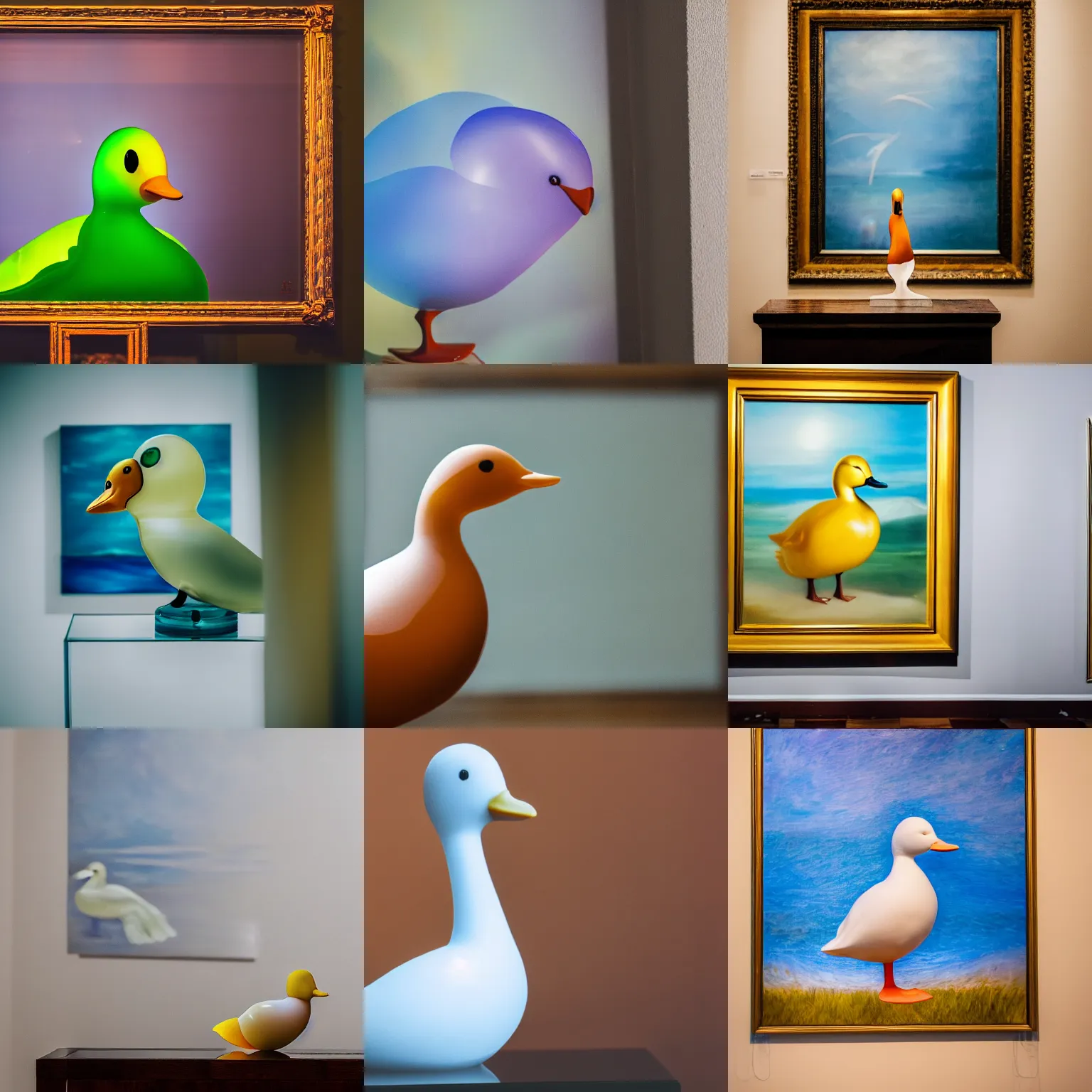 Prompt: a close up photo of a translucent glass duck in front of a painting, professional photography