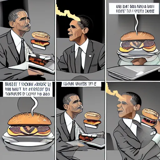 Prompt: barack obama smoking burger. film strip. 9 frames.