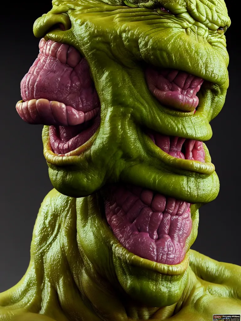 Image similar to hyperrealistic rendering, fat smooth cronenberg flesh monster hulk by donato giancola and greg rutkowski and wayne barlow and zdzisław beksinski, product photography, action figure, sofubi, studio lighting, colored gels, colored background