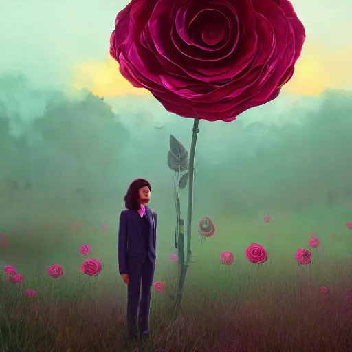 Image similar to giant rose flower head, frontal, girl in a suit, surreal photography, sunrise, dramatic light, impressionist painting, digital painting, artstation, simon stalenhag